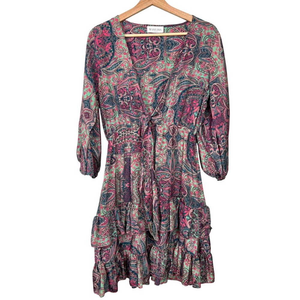 Marisima Paisley Tiered Ruffle Mini Dress Pink Teal V-Neck Tie Front One Size